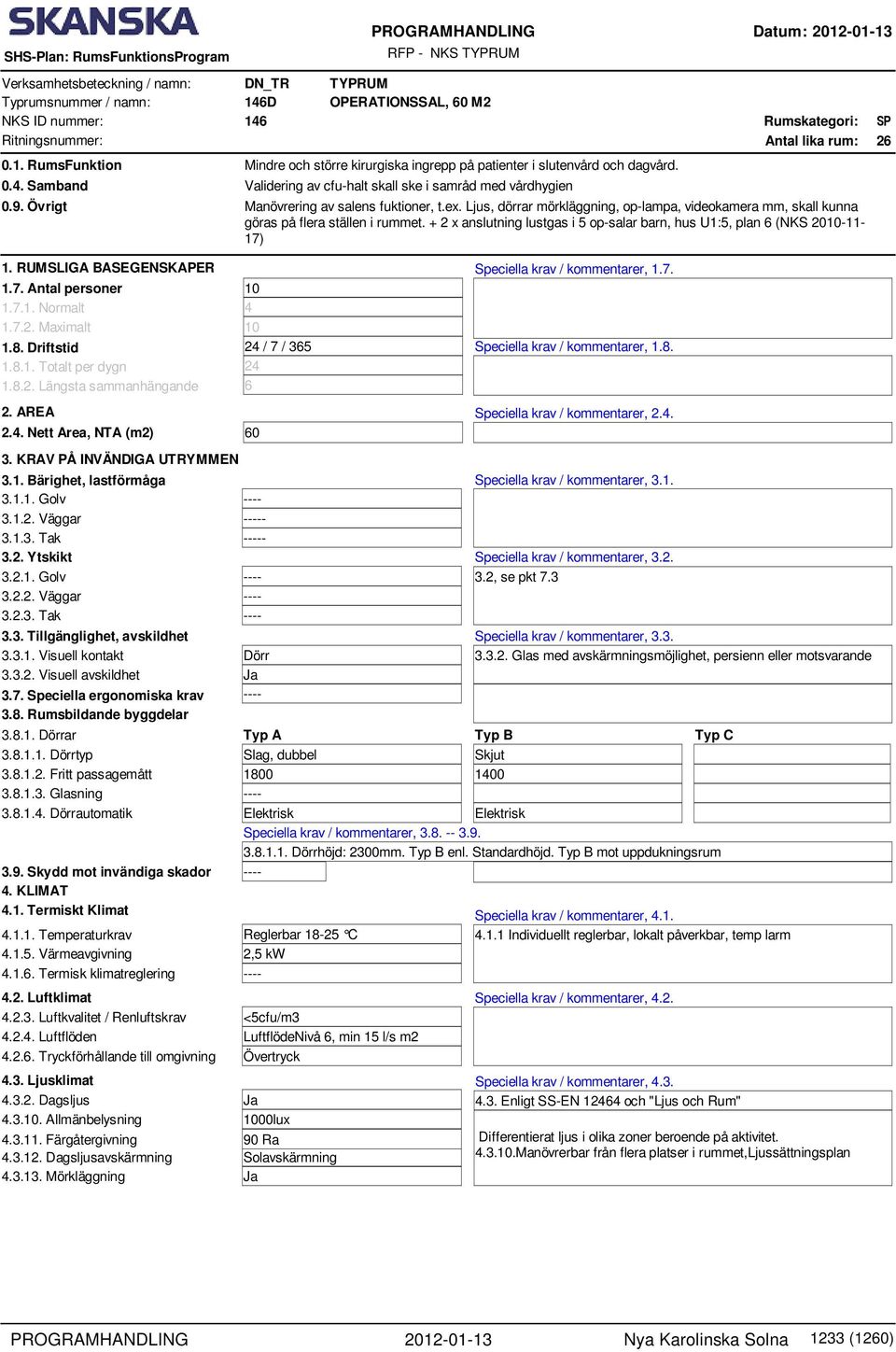 7. Speciella ergonomiska krav 3.8. Rumsbildande byggdelar OPERATIONSSAL, 60 M 6D_5. OPERATIONSSAL, 60 M 0.