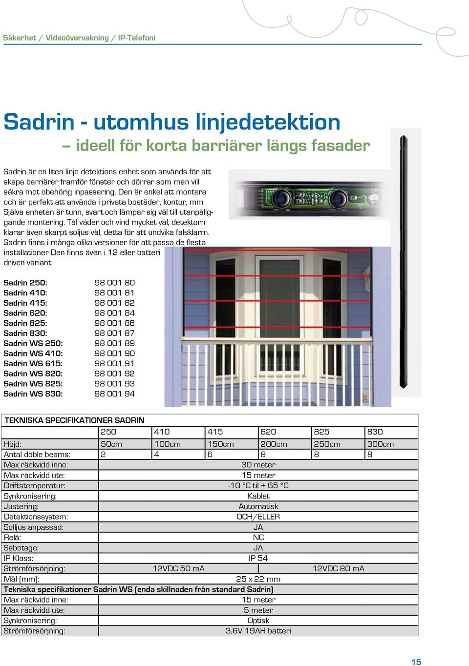 och lämpar sig väl till utanpåliggande montering. Tål väder och vind mycket väl, detektorn klarar även skarpt soljus väl, detta för att undvika falsklarm.