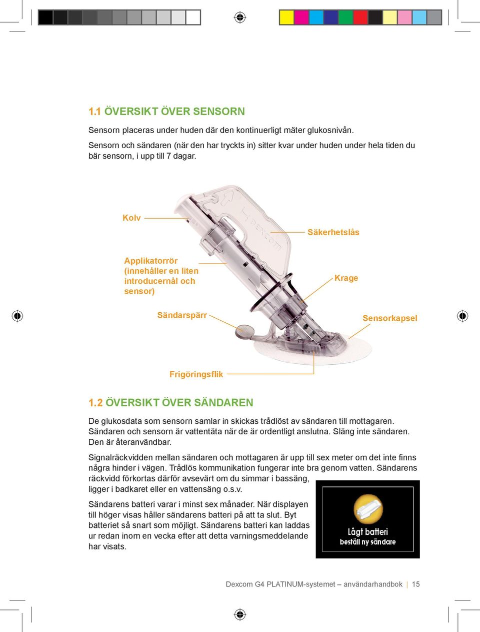 Kolv Säkerhetslås Applikatorrör (innehåller en liten introducernål och sensor) Krage Sändarspärr Sensorkapsel Frigöringsflik 1.