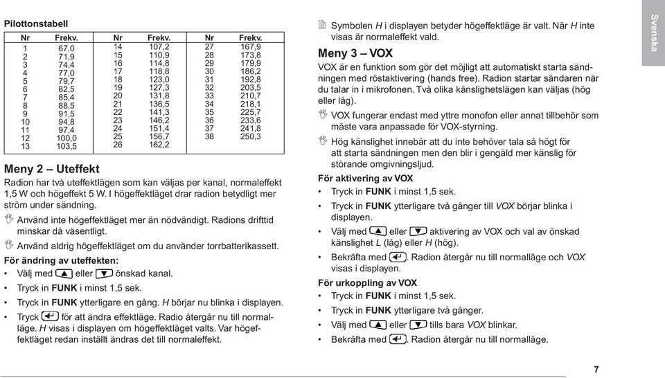 normaleffekt 1,5 W och högeffekt 5 W. I högeffektläget drar radion betydligt mer ström under sändning. I Använd inte högeffektläget mer än nödvändigt. Radions drifttid minskar då väsentligt.