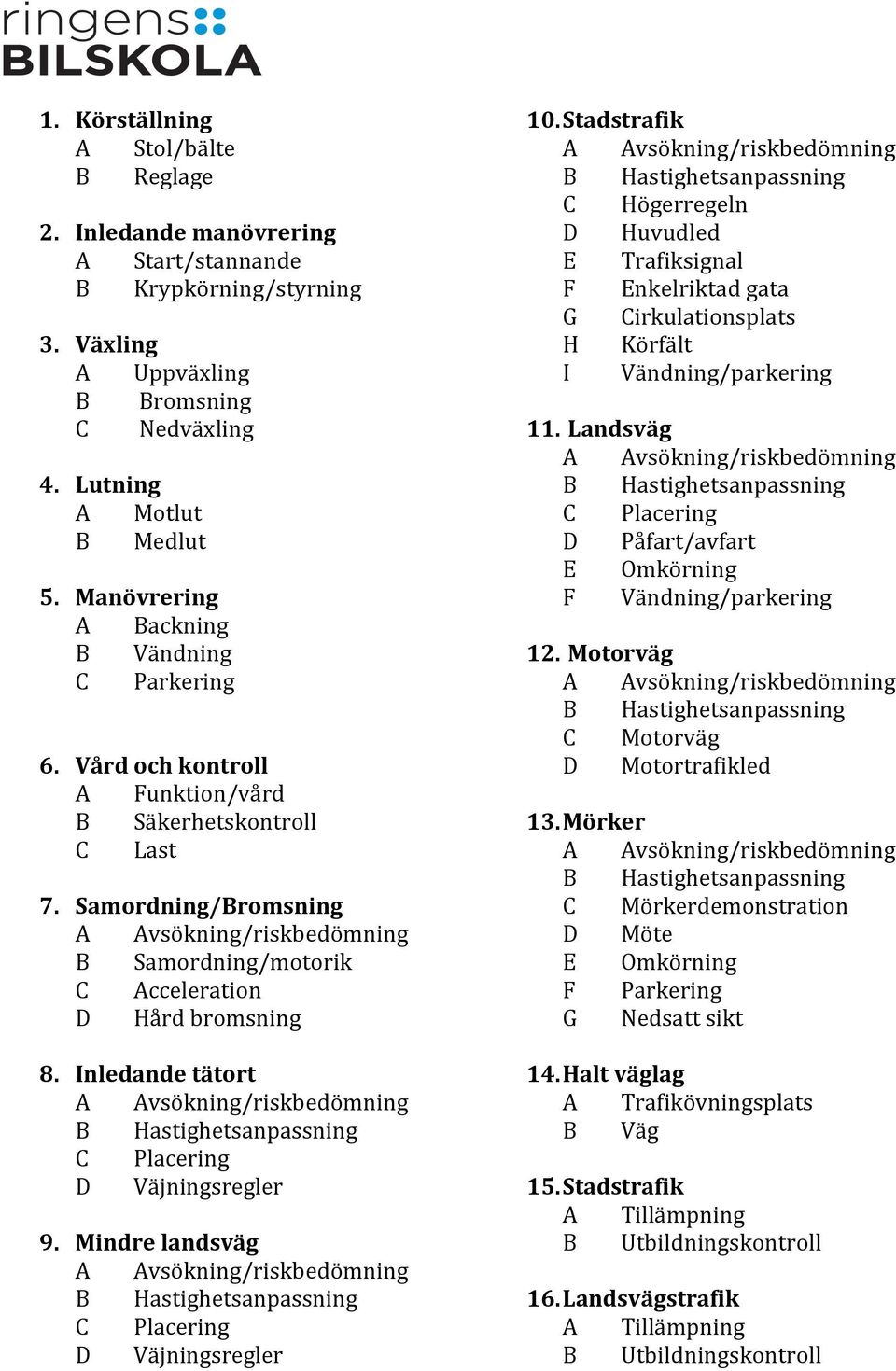 Inledande tätort D Väjningsregler 9. Mindre landsväg D Väjningsregler 10. Stadstrafik C Högerregeln D Huvudled E Trafiksignal F Enkelriktad gata G Cirkulationsplats H Körfält I Vändning/parkering 11.