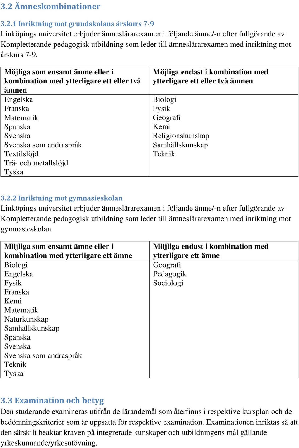 Möjliga som ensamt ämne eller i kombination med ytterligare ett eller två ämnen Engelska Franska Matematik Spanska Svenska Svenska som andraspråk Textilslöjd Trä- och metallslöjd Tyska Möjliga endast