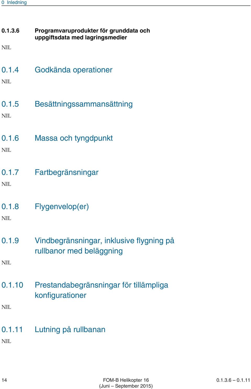 1.9 Vindbegränsningar, inklusive flygning på rullbanor med beläggning 0.1.10 Prestandabegränsningar för tillämpliga konfigurationer 0.