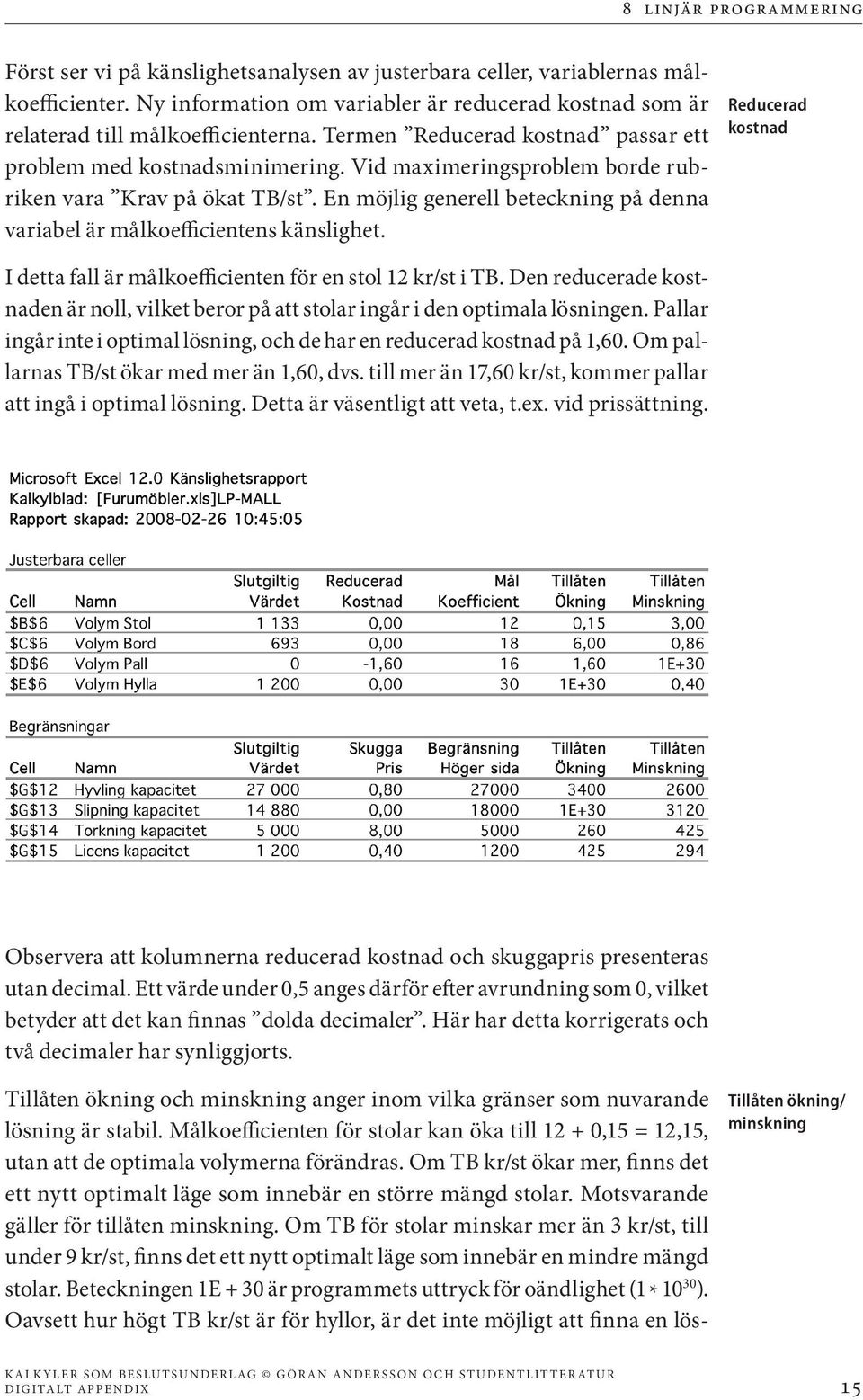 En möjlig generell beteckning på denna variabel är målkoefficientens känslighet. Reducerad kostnad I detta fall är målkoefficienten för en stol 12 kr/st i TB.