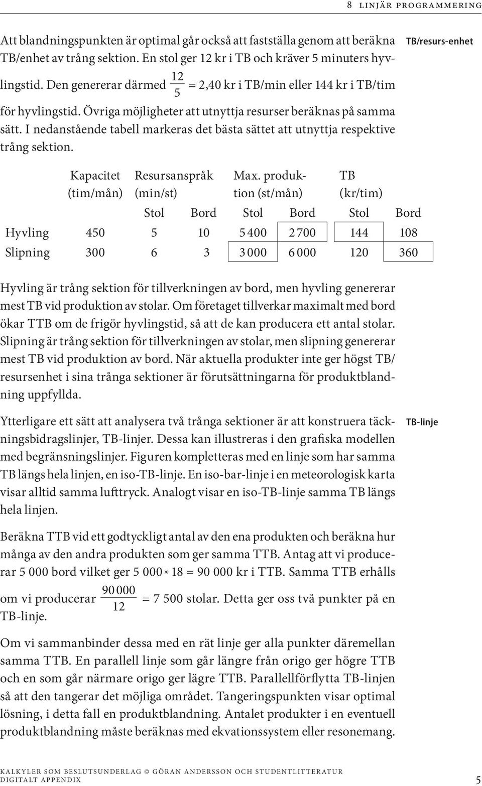 I nedanstående tabell markeras det bästa sättet att utnyttja respektive trång sektion. Kapacitet (tim/mån) Resursanspråk (min/st) Max.