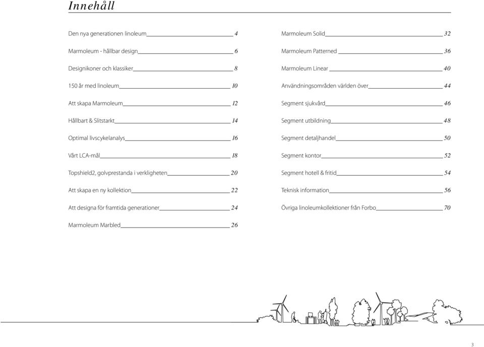 generationer 24 Marmoleum Solid 32 Marmoleum Patterned 36 Marmoleum Linear 40 Användningsområden världen över 44 Segment sjukvård 46 Segment utbildning 48