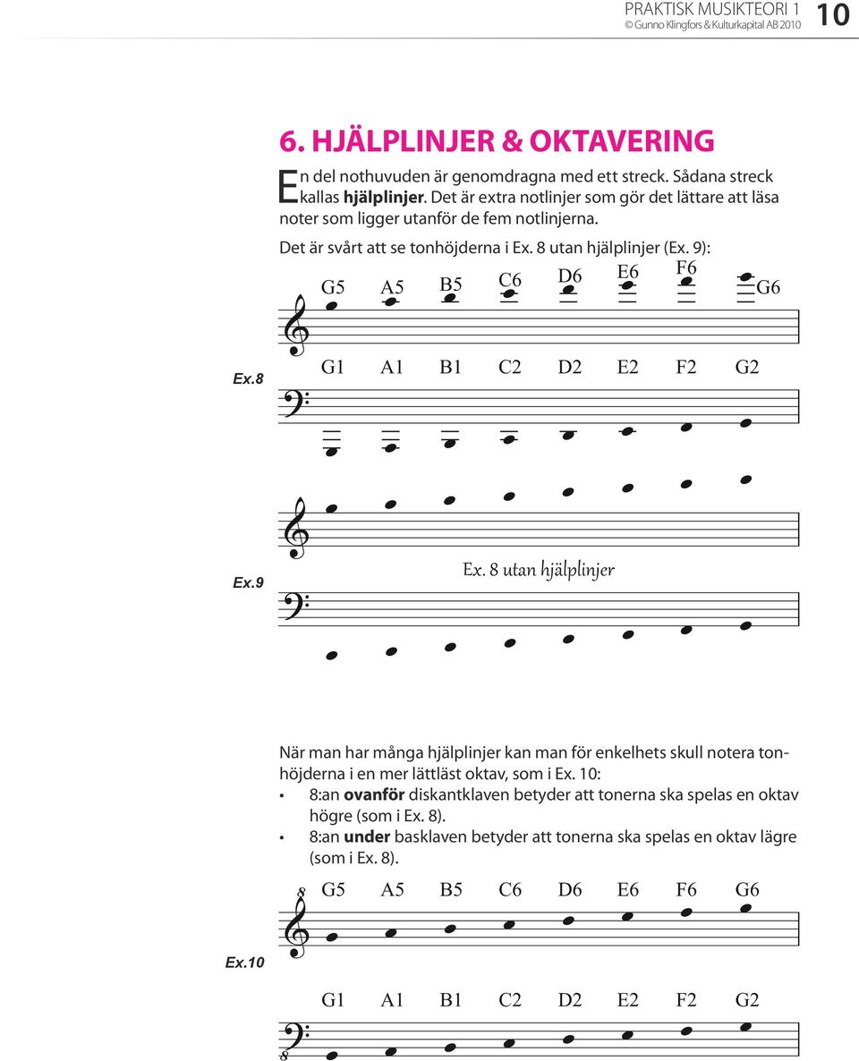 8 utan hjälplinjer (Ex. 9): Ex.8 Ex.9 När man har många hjälplinjer kan man för enkelhets skull notera tonhöjderna i en mer lättläst oktav, som i Ex.