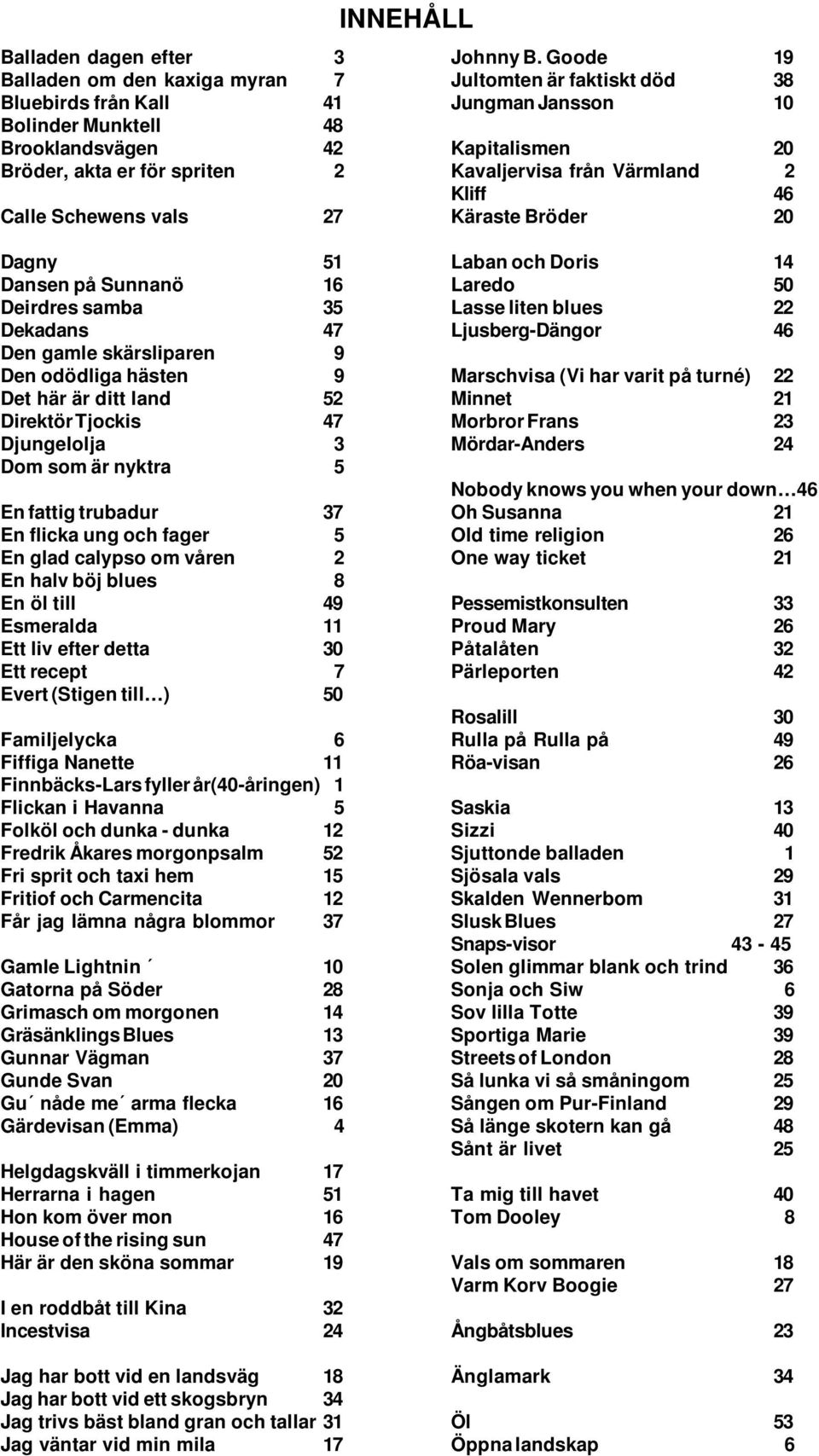 skärsliparen 9 Den odödliga hästen 9 Det här är ditt land 52 Direktör Tjockis 47 Djungelolja 3 Dom som är nyktra 5 En fattig trubadur 37 En flicka ung och fager 5 En glad calypso om våren 2 En halv