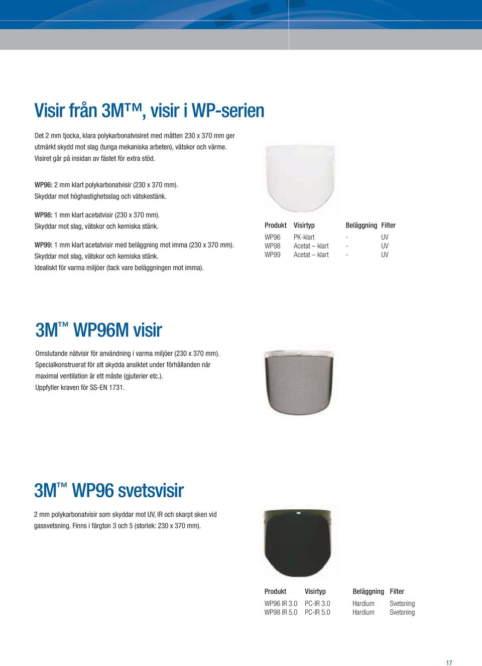 Produkt Visirtyp Beläggning Filter WP96 PK-klart - UV WP98 Acetat klart - UV WP99 Acetat klart - UV 3M WP96M visir Specialkonstruerat för att skydda ansiktet under förhållanden när