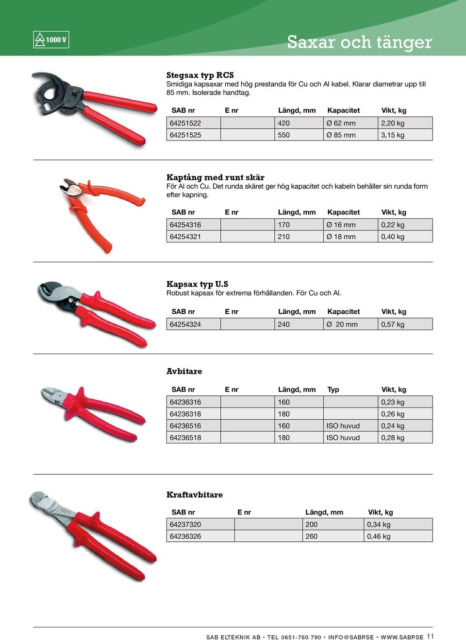 Det runda skäret ger hög kapacitet och kabeln behåller sin runda form efter kapning. SAB nr E nr Längd, mm Kapacitet Vikt, kg 64254316 170 Ø 16 mm 0,22 kg 64254321 210 Ø 18 mm 0,40 kg Kapsax typ U.