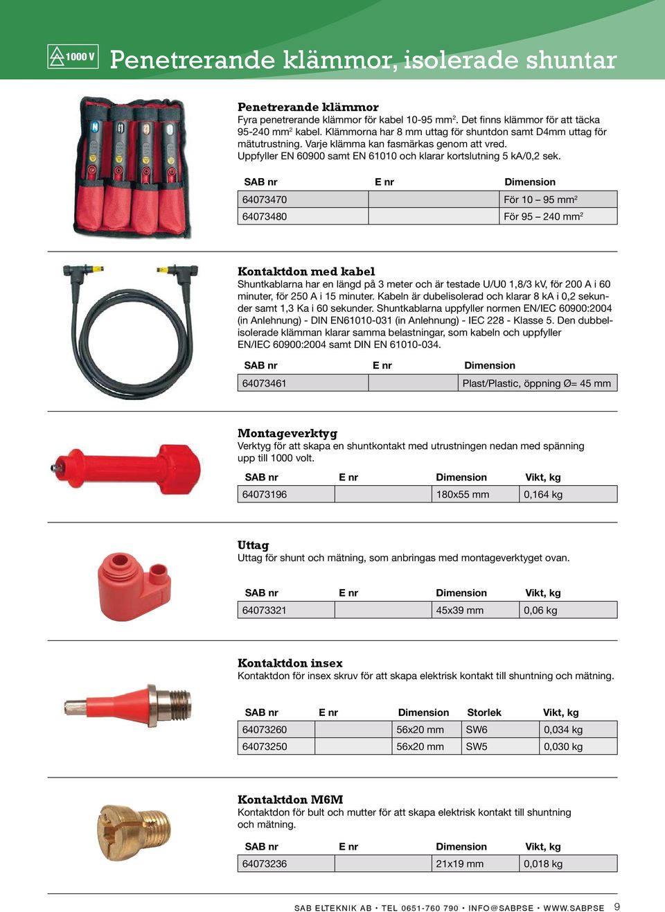 SAB nr E nr Dimension 64073470 För 10 95 mm 2 64073480 För 95 240 mm 2 Kontaktdon med kabel Shuntkablarna har en längd på 3 meter och är testade U/U0 1,8/3 kv, för 200 A i 60 minuter, för 250 A i 15