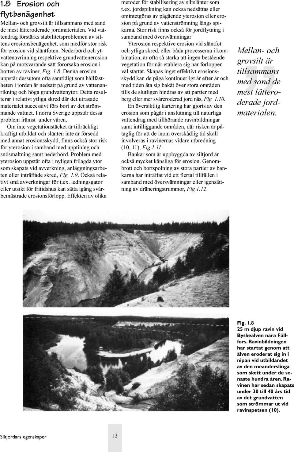 Nederbörd och ytvattenavrinning respektive grundvattenerosion kan på motsvarande sätt förorsaka erosion i botten av raviner, Fig. 1.8.