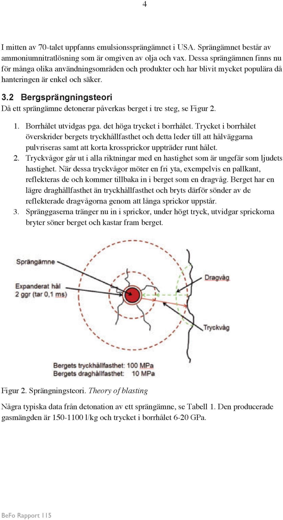 2 Bergsprängningsteori Då ett sprängämne detonerar påverkas berget i tre steg, se Figur 2. 1. Borrhålet utvidgas pga. det höga trycket i borrhålet.