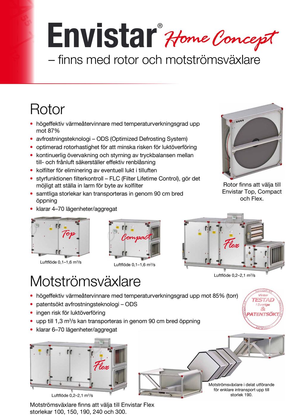 tilluften styrfunktionen filterkontroll FLC (Filter Lifetime Control), gör det möjligt att ställa in larm för byte av kolfilter samtliga storlekar kan transporteras in genom 90 cm bred öppning klarar