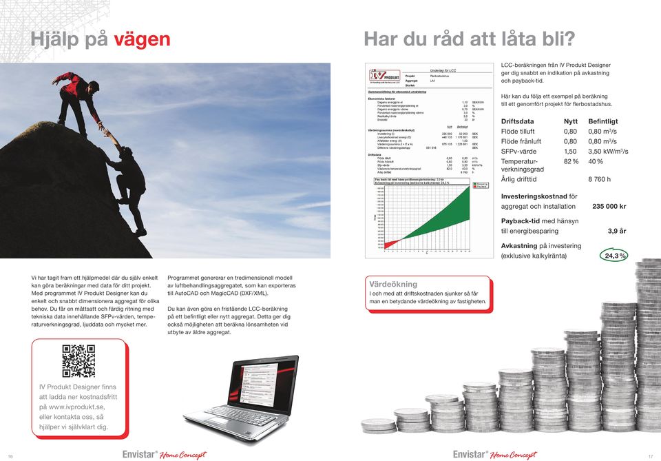 Driftsdata Nytt Befintligt Flöde tilluft 0,80 0,80 m3/s Flöde frånluft 0,80 0,80 m3/s SFPv-värde 1,50 3,50 kw/m3/s Temperatur- 82 % 40 % verkningsgrad Årlig drifttid 8 760 h Vi har tagit fram ett