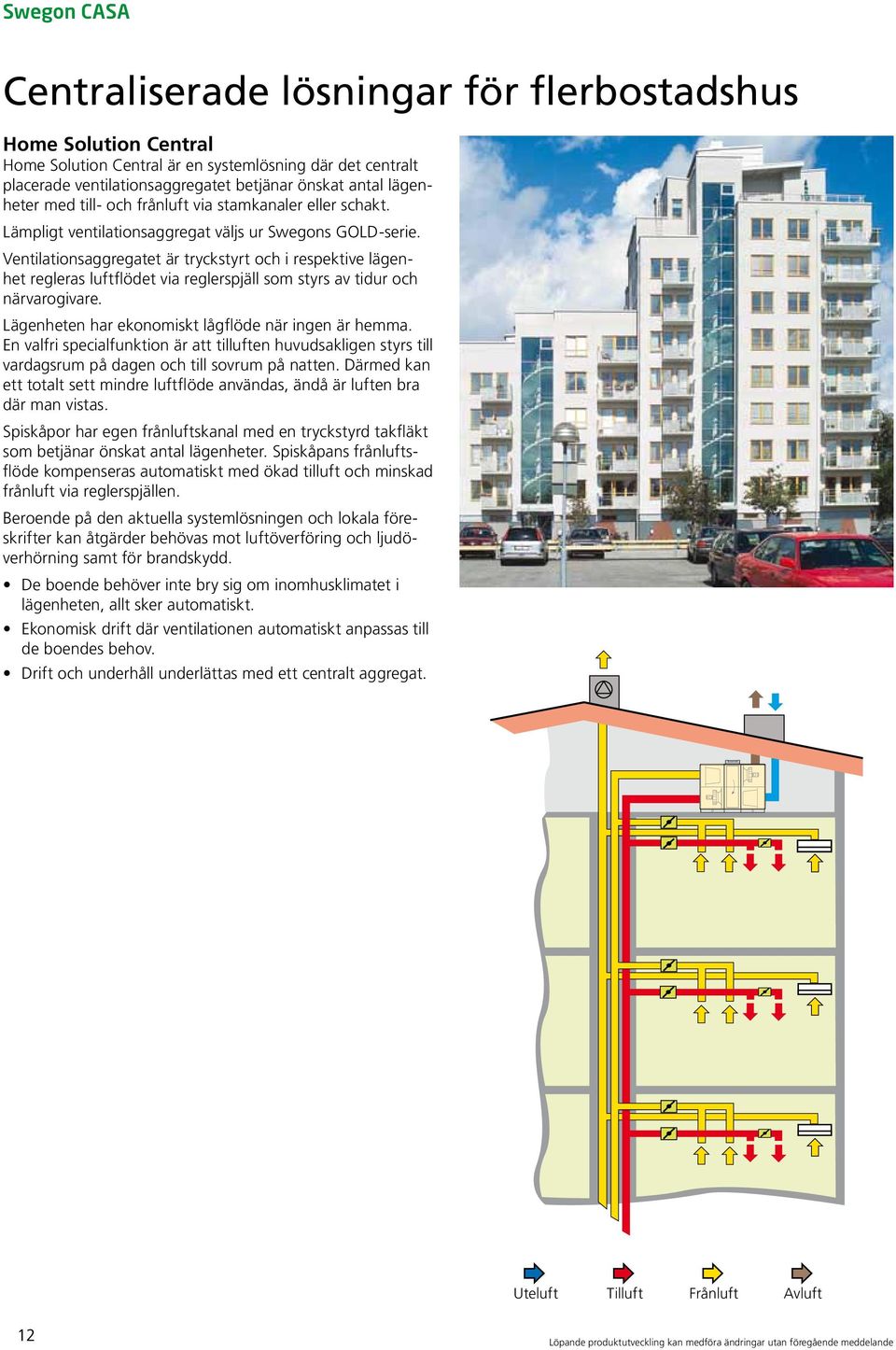 Ventilationsaggregatet är tryckstyrt och i respektive lägenhet regleras luftflödet via reglerspjäll som styrs av tidur och närvarogivare. Lägenheten har ekonomiskt lågflöde när ingen är hemma.