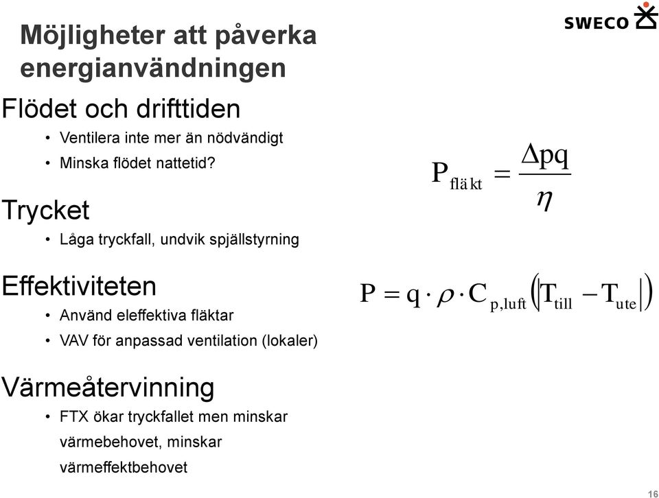 Trycket pq P fläkt Låga tryckfall, undvik spjällstyrning Effektiviteten Använd eleffektiva