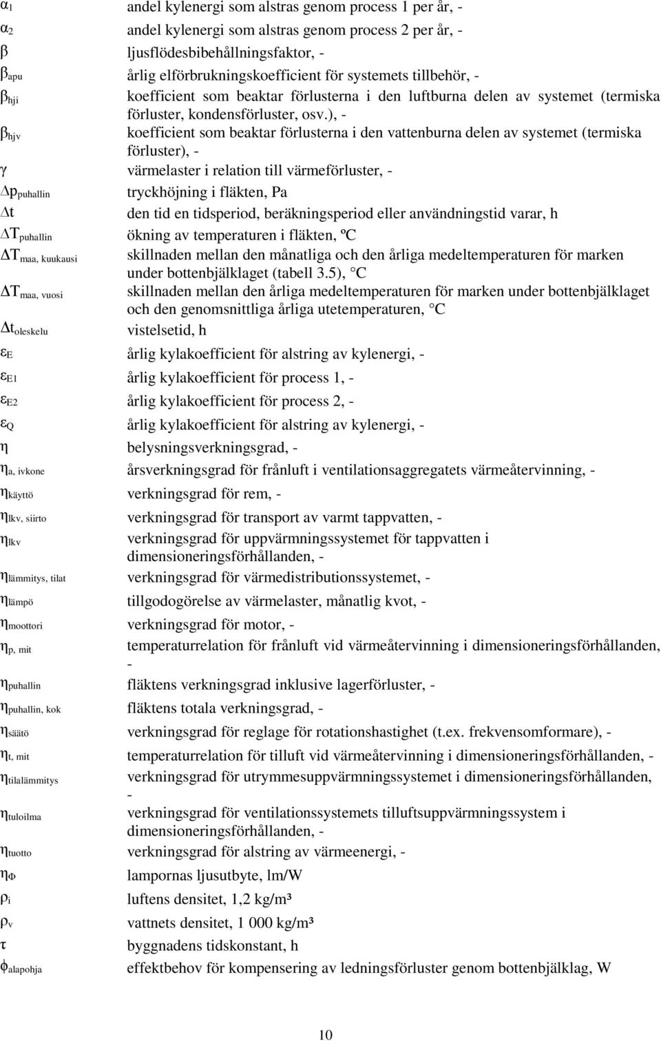 ), - β hjv koefficient som beaktar förlusterna i den vattenburna delen av systemet (termiska förluster), - γ värmelaster i relation till värmeförluster, - p puhallin tryckhöjning i fläkten, Pa t den