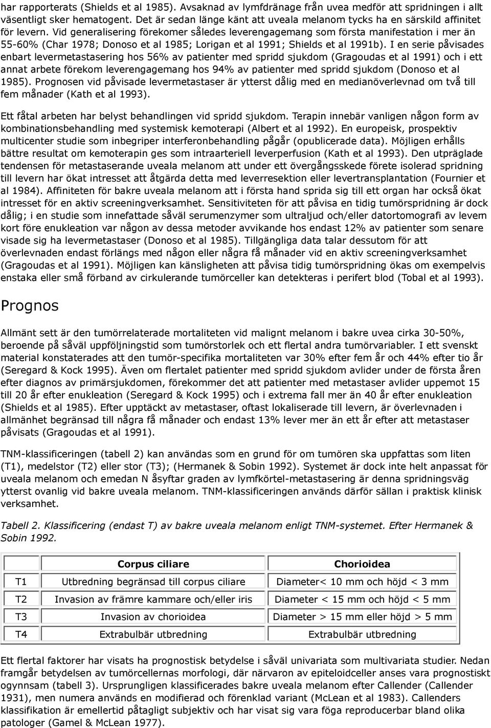 Vid generalisering förekomer således leverengagemang som första manifestation i mer än 55-60% (Char 1978; Donoso et al 1985; Lorigan et al 1991; Shields et al 1991b).