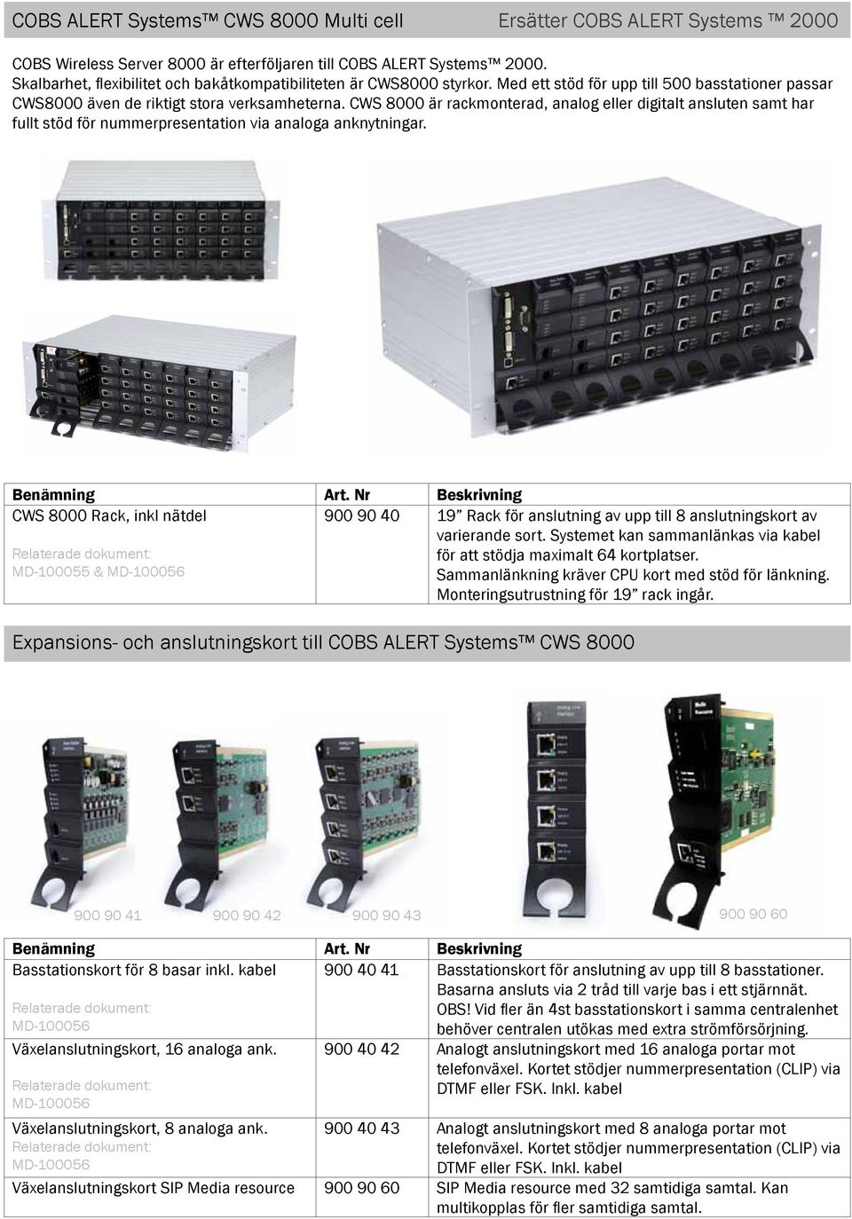 CWS 8000 är rackmonterad, analog eller digitalt ansluten samt har fullt stöd för nummerpresentation via analoga anknytningar.