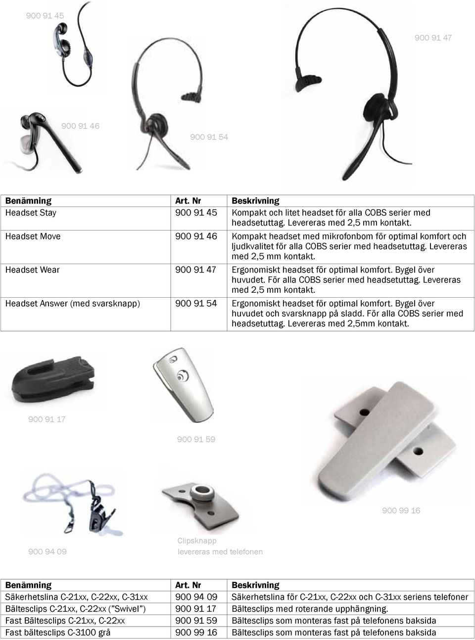 Headset Wear 900 91 47 Ergonomiskt headset för optimal komfort. Bygel över huvudet. För alla COBS serier med headsetuttag. Levereras med 2,5 mm kontakt.