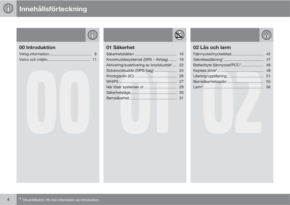 .. 22 Batteribyte fjärrnyckel/pcc*... 48 Sidokrockkudde (SIPS-bag)... 24 Keyless drive*... 49 Krockgardin (IC)... 26 Låsning/upplåsning... 51 WHIPS.