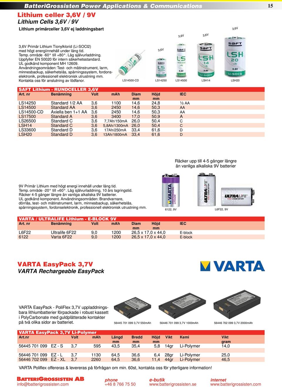 Användningsområden: Test- och mätinstrument, larm, minnesbackup, säkerhetslås, spårningssystem, fordonselektronik, professionell elektronisk utrustning mm. Kontakta oss för anslutning av lödfanor.