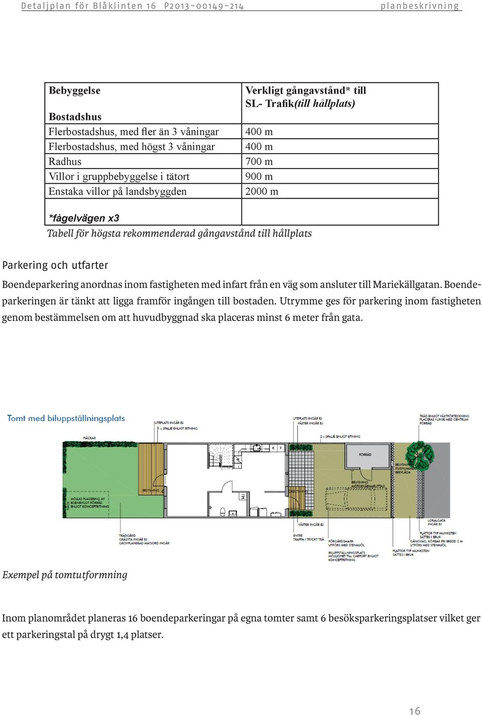 med infart från en väg som ansluter till Mariekällgatan. Boendeparkeringen är tänkt att ligga framför ingången till bostaden.