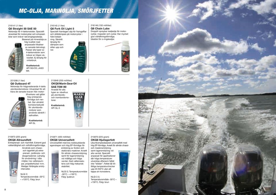 API SG/CD; JASO MA 216145 (1 liter) Q8 Fork Oil Light 5 Speciellt framtagen olja för framgafflar och stötdämpare på motorcyklar i hård belastning. Särskilt lämplig för dämpare som sitter upp och ner.