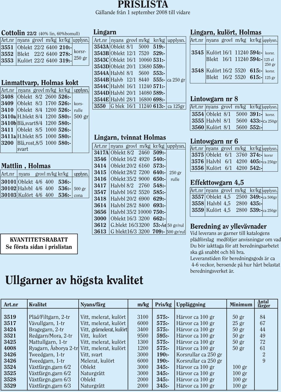 blekt 8/5 1000 580:- 3200 Blå,rost,8/5 1000 580:- svart Mattlin, Holmas 30101 Oblekt 4/6 400 536:- 30102 Halvbl 4/6 400 536:- 500 gr 30103 Kulört 4/6 400 536:- cona KVANTITETSRABATT Se första sidan i