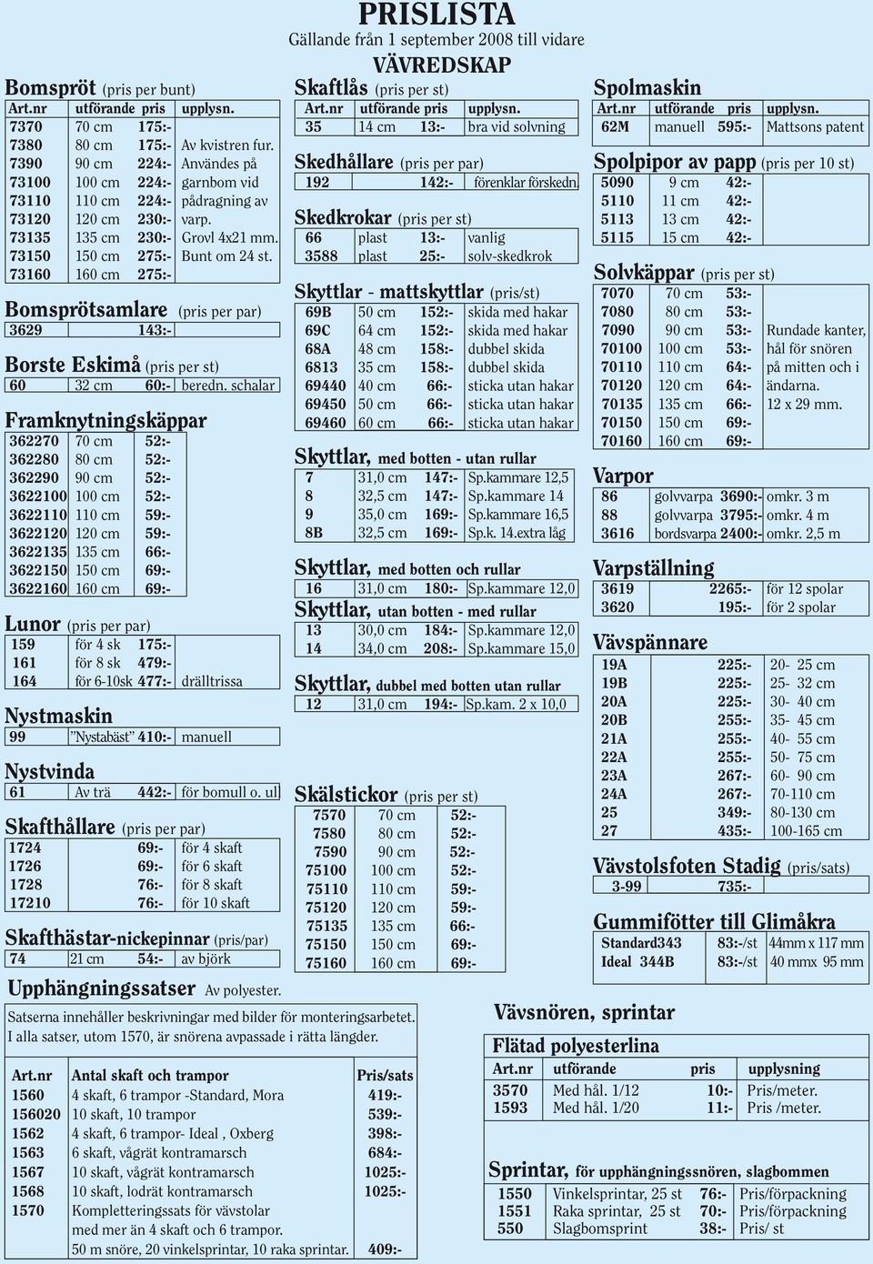 73160 160 cm 275:- Bomsprötsamlare (pris per par) 3629 143:- Borste Eskimå (pris per st) 60 32 cm 60:- beredn.