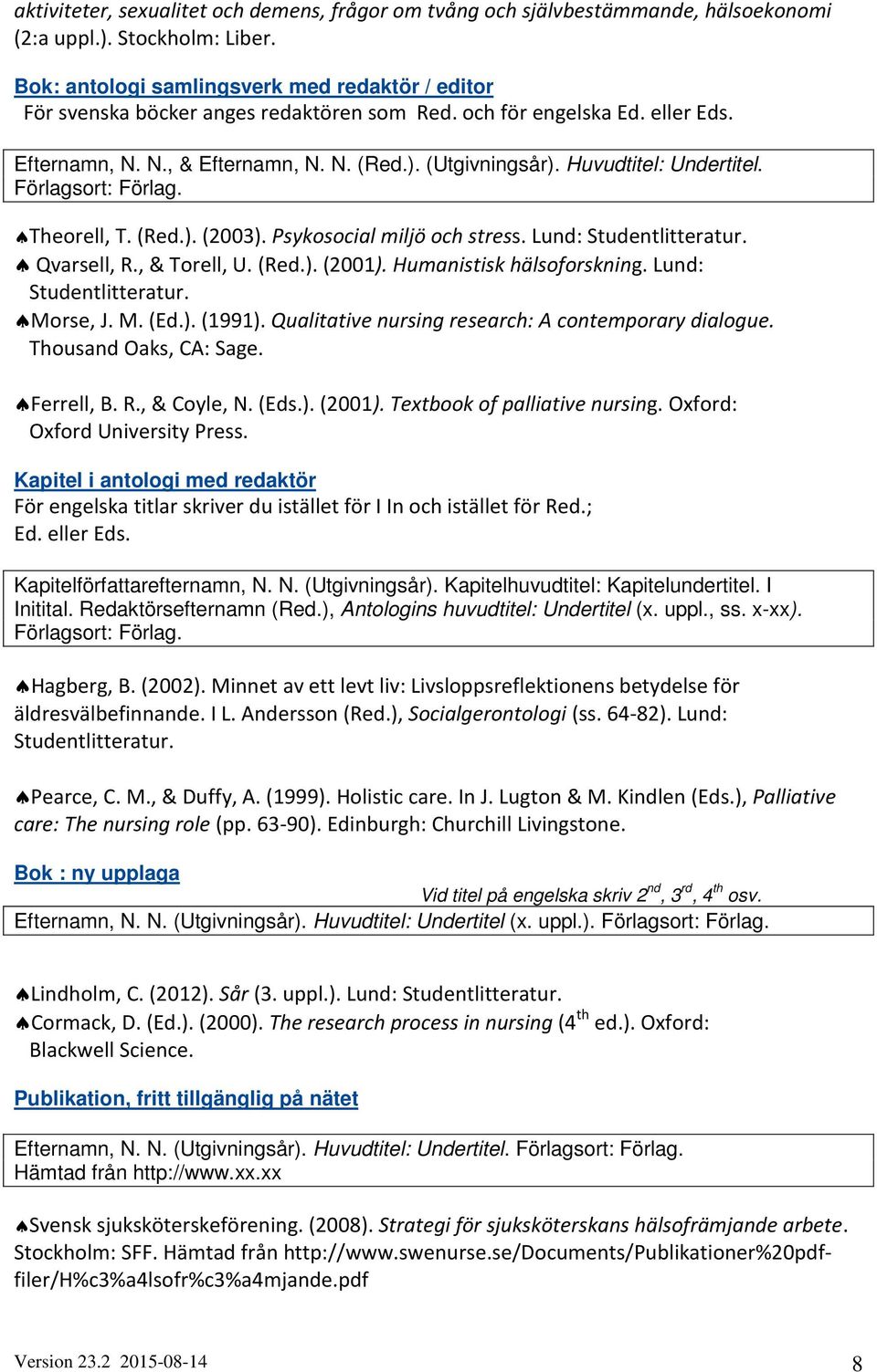 Huvudtitel: Undertitel. Förlagsort: Förlag. Theorell, T. (Red.). (2003). Psykosocial miljö och stress. Lund: Studentlitteratur. Qvarsell, R., & Torell, U. (Red.). (2001). Humanistisk hälsoforskning.