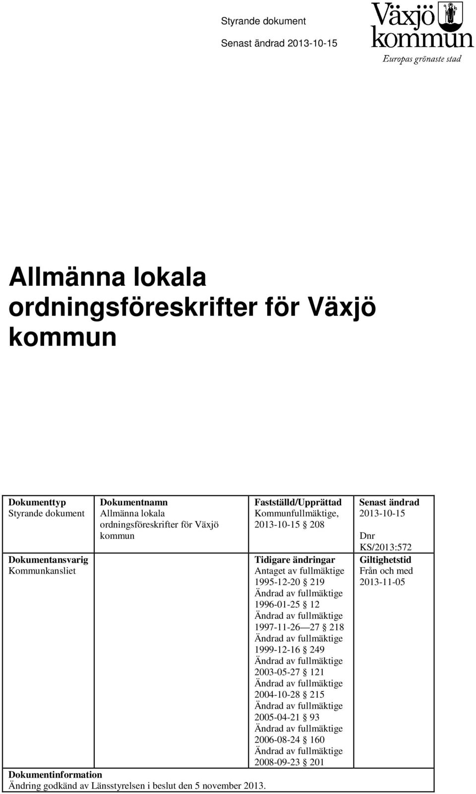 Fastställd/Upprättad Kommunfullmäktige, 2013-10-15 208 Tidigare ändringar Antaget av fullmäktige 1995-12-20 219 Ändrad av fullmäktige 1996-01-25 12 Ändrad av fullmäktige 1997-11-26 27 218 Ändrad av