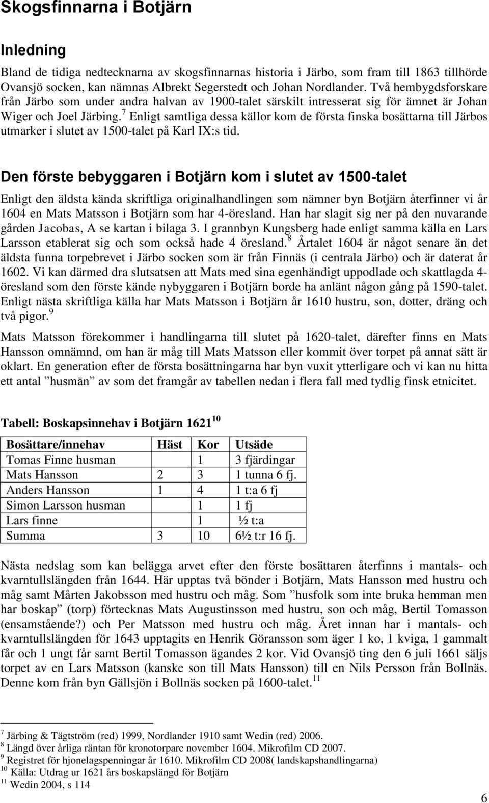 7 Enligt samtliga dessa källor kom de första finska bosättarna till Järbos utmarker i slutet av 1500-talet på Karl IX:s tid.