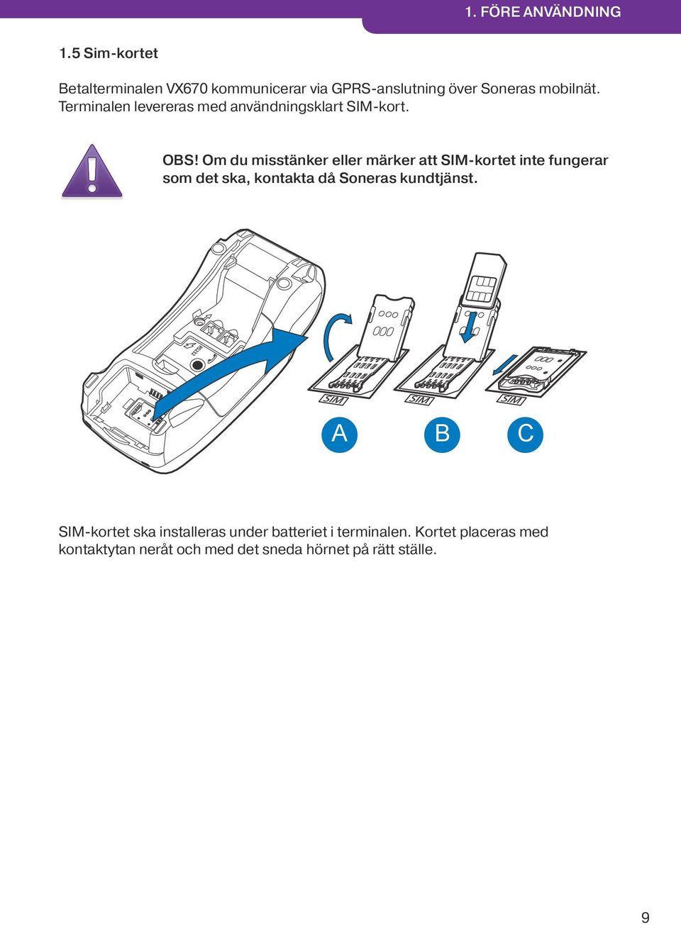 Terminalen levereras med användningsklart SIM-kort. OBS!