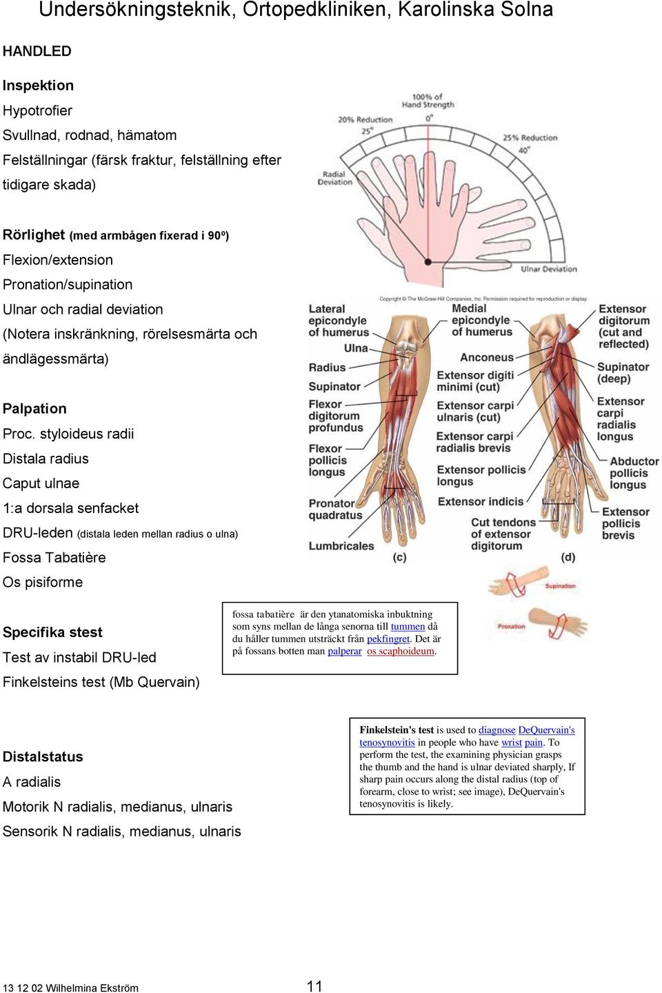 styloideus radii Distala radius Caput ulnae 1:a dorsala senfacket DRU-leden (distala leden mellan radius o ulna) Fossa Tabatière Os pisiforme Specifika stest Test av instabil DRU-led Finkelsteins