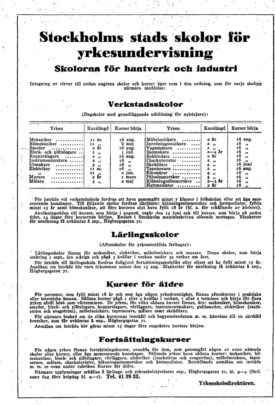 .. ~urslän~d 1 Kurser börja / Yrken I Kurslängd Möbelsnic$are....../ z Sr Inredningssnickare 2,, 'r6 aug. Vagnmakare I juli I... z,, Skomakare 2-4 ar 16 aug. Bokbindare.