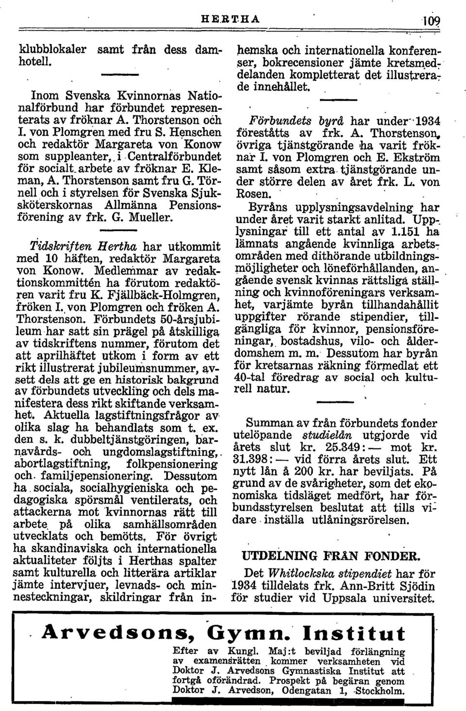 Törnell och i styrelsen för Svenska Sjuksköterskornas Allmänna Pensionsförening av frk. G. Mueller. Tidskriften Hertha har utkommit med 10 häften, redaktör Margareta von Konow.