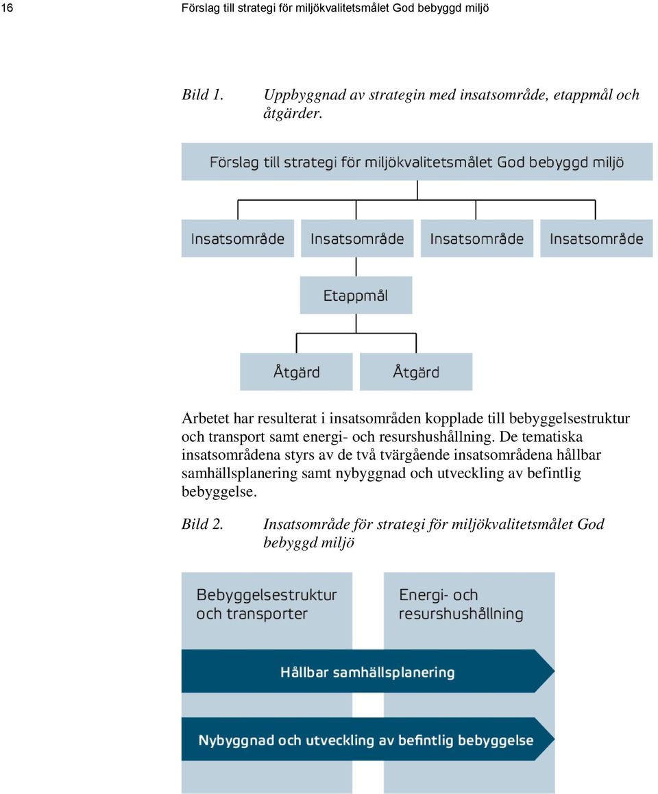 Arbetet har resulterat i insatsområden kopplade till bebyggelsestruktur och transport samt energi- och resurshushållning.