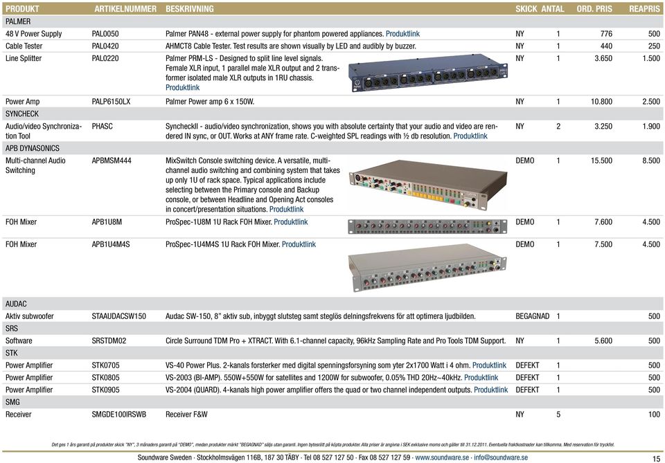 Female XLR input, 1 parallel male XLR output and 2 transformer isolated male XLR outputs in 1RU chassis. NY 1 3.650 1.500 Power Amp PALP6150LX Palmer Power amp 6 x 150W. NY 1 10.800 2.