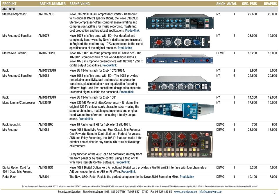 Mic Preamp & Equaliser AM1073 Neve 1073 mic/line amp, with EQ - Handcrafted and completely hand-wired by Neve s dedicated professionals in England, the modern-day 1073 is produced to the exact