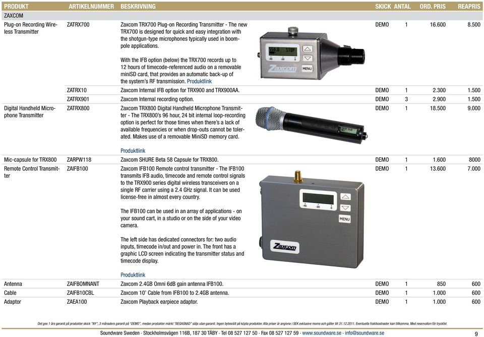 500 Digital Handheld Microphone Transmitter With the IFB option (below) the TRX700 records up to 12 hours of timecode-referenced audio on a removable minisd card, that provides an automatic back-up