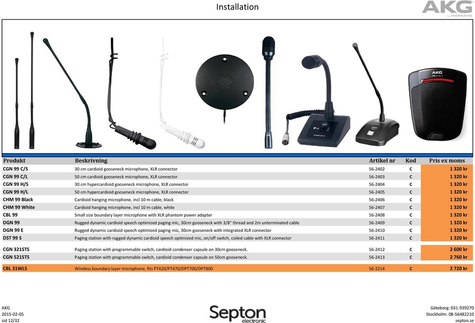 cable, black 56-2406 ardioid hanging microphone, incl 10 m cable, white 56-2407 Small size boundary layer microphone with XLR phantom power adapter 56-2408 Rugged dynamic cardioid speech optimized