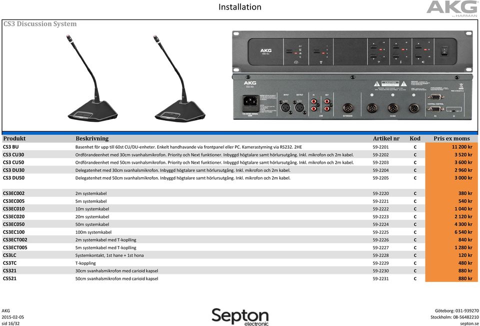 59-2202 Ordförandeenhet med 50cm svanhalsmikrofon. Priority och Next funktioner. Inbyggd högtalare samt hörlursutgång. Inkl. mikrofon och 2m kabel. 59-2203 Delegatenhet med 30cm svanhalsmikrofon.