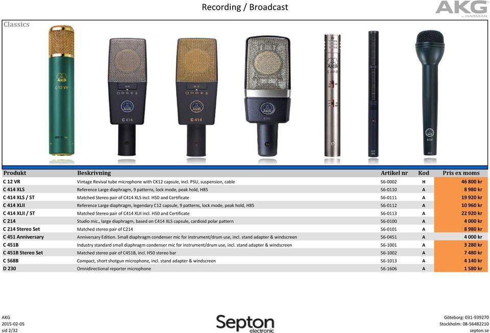 H50 and ertificate 56-0111 Reference Large diaphragm, legendary 12 capsule, 9 patterns, lock mode, peak hold, H85 56-0112 Matched Stereo pair of 414 XLII incl. H50 and ertificate 56-0113 Studio mic.