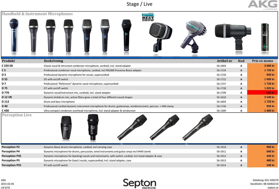 switch 56-1722 Professional Reference dynamic vocal microphone, supercardiod 56-1727 D7 with on/off switch 56-1728 Dynamic vocal/instrument mic, cardioid, incl.