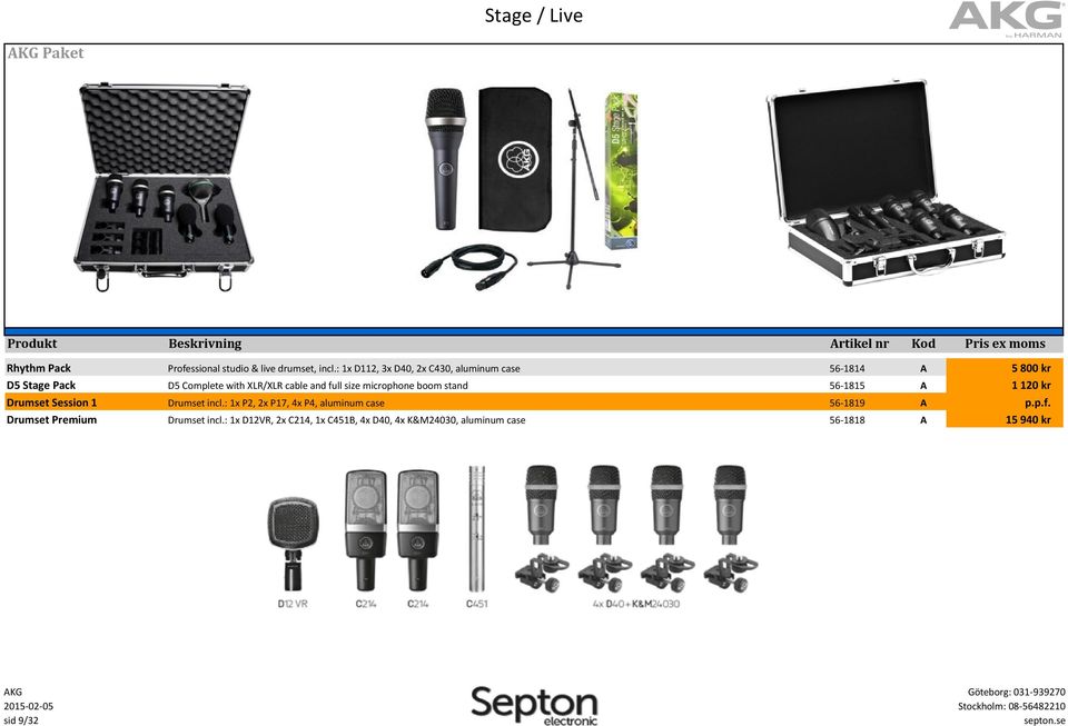 : 1x D112, 3x D40, 2x 430, aluminum case 56-1814 D5 omplete with XLR/XLR cable and full size microphone boom