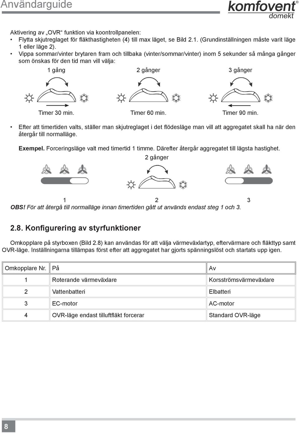 Timer 90 min. Efter att timertiden valts, ställer man skjutreglaget i det flödesläge man vill att aggregatet skall ha när den återgår till normalläge. Exempel.