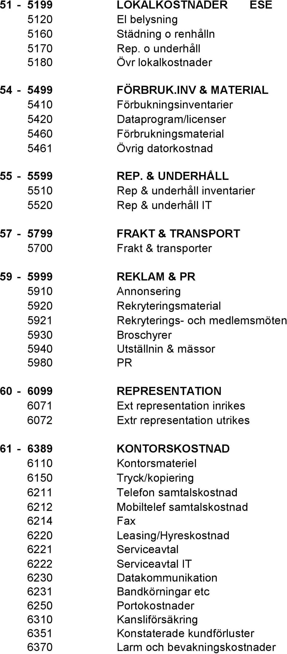 & UNDERHÅLL 5510 Rep & underhåll inventarier 5520 Rep & underhåll IT 57-5799 FRAKT & TRANSPORT 5700 Frakt & transporter 59-5999 REKLAM & PR 5910 Annonsering 5920 Rekryteringsmaterial 5921