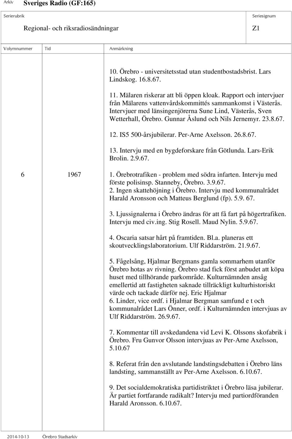 67. 12. IS5 500-årsjubilerar. Per-Arne Axelsson. 26.8.67. 13. Intervju med en bygdeforskare från Götlunda. Lars-Erik Brolin. 2.9.67. 6 1967 1. Örebrotrafiken - problem med södra infarten.